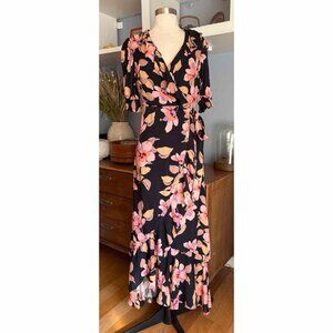 BTFL- Life Floral Wrap Maxi Dress Ruffles Black Peach Size S